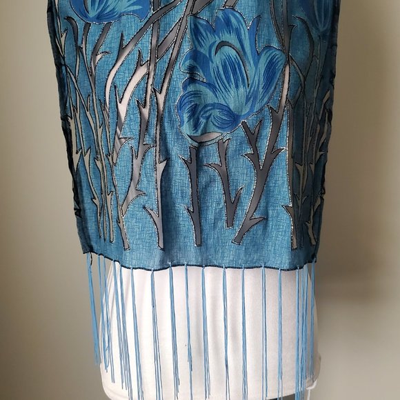 Vintage Burnout Fringe Scarf Black & Blue Floral Vines Whimsigoth Boho Evening - Picture 2 of 6